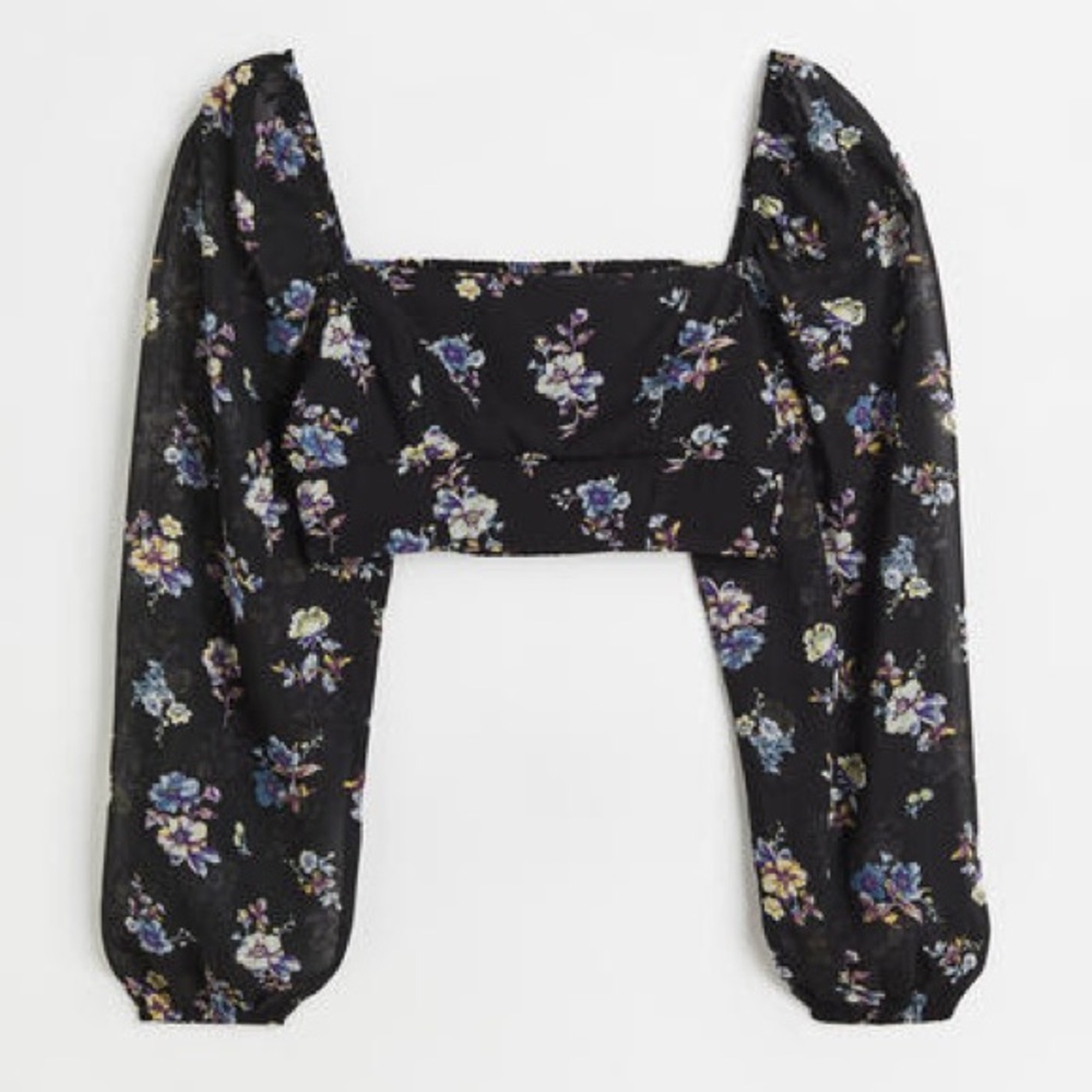 H&M Black Floral Puff Sleeve Top